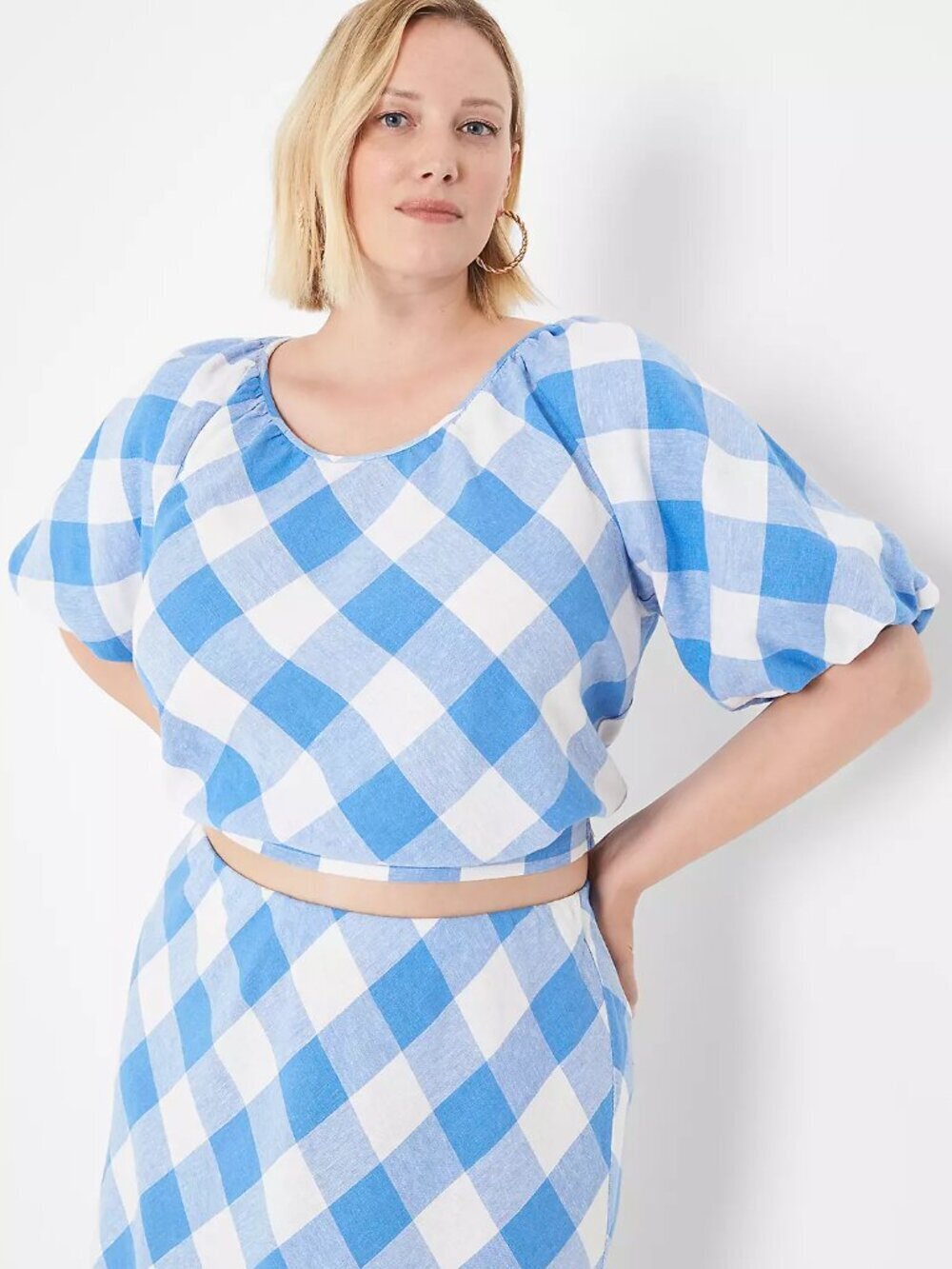 Lane Bryant Blue White Gingham Linen Blend Puff Sleeve Cropped Blouse | Size 26